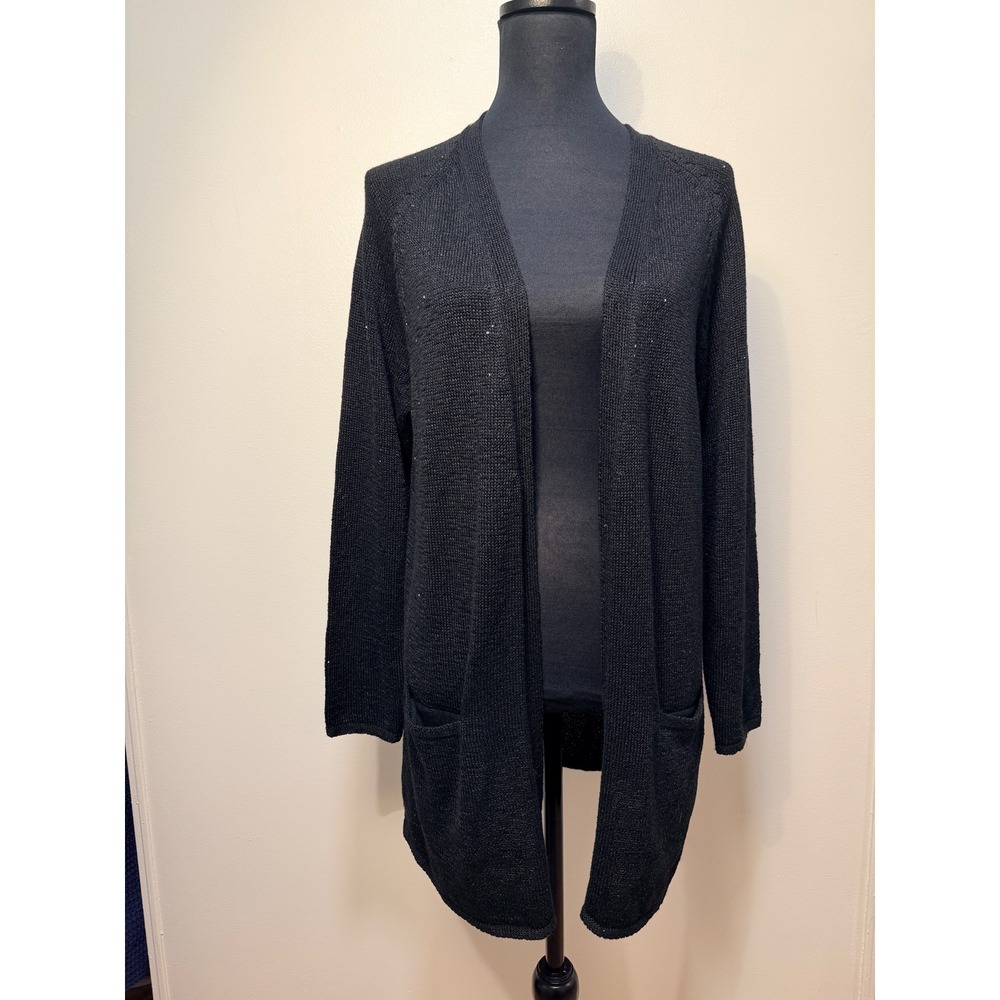 NWT J. Jill Cardigan MP Black Sequin Open Front Longline Pocket Sweater Fall